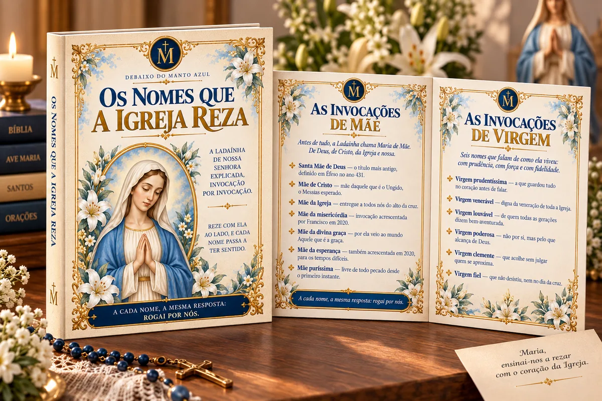 Os Nomes que a Igreja Reza: a capa e as páginas das invocações da Ladainha