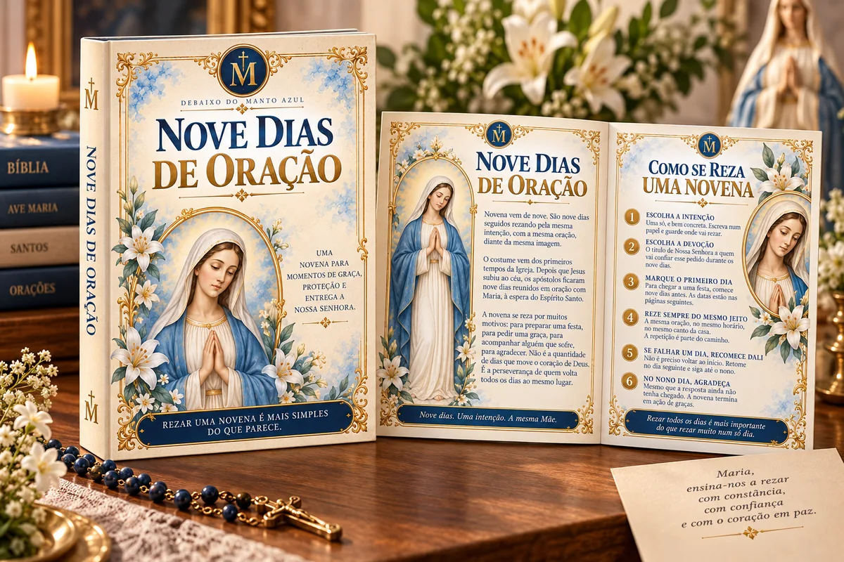 Nove Dias de Oração: a capa e as páginas de como se reza uma novena